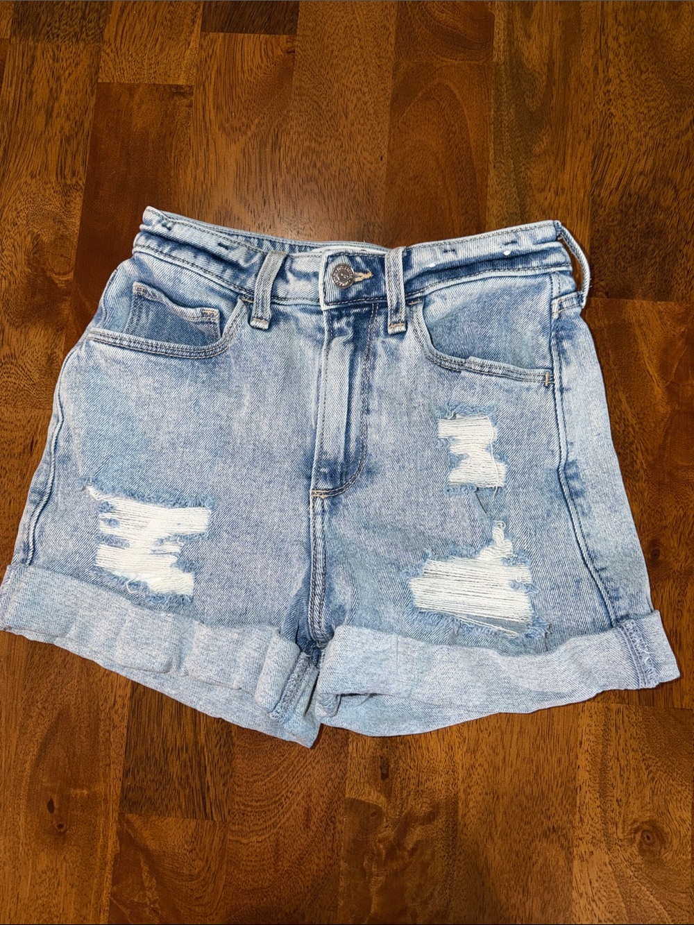 Hollister Light Wash Distressed Rolled-Hem Denim Shorts